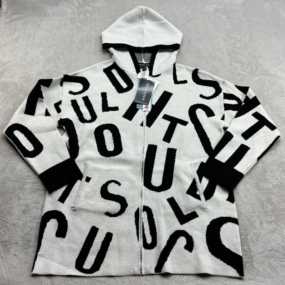 Frank Lyman Zip Hooded Cardigan Womens M White Black Alphabet Chic Avant Garde